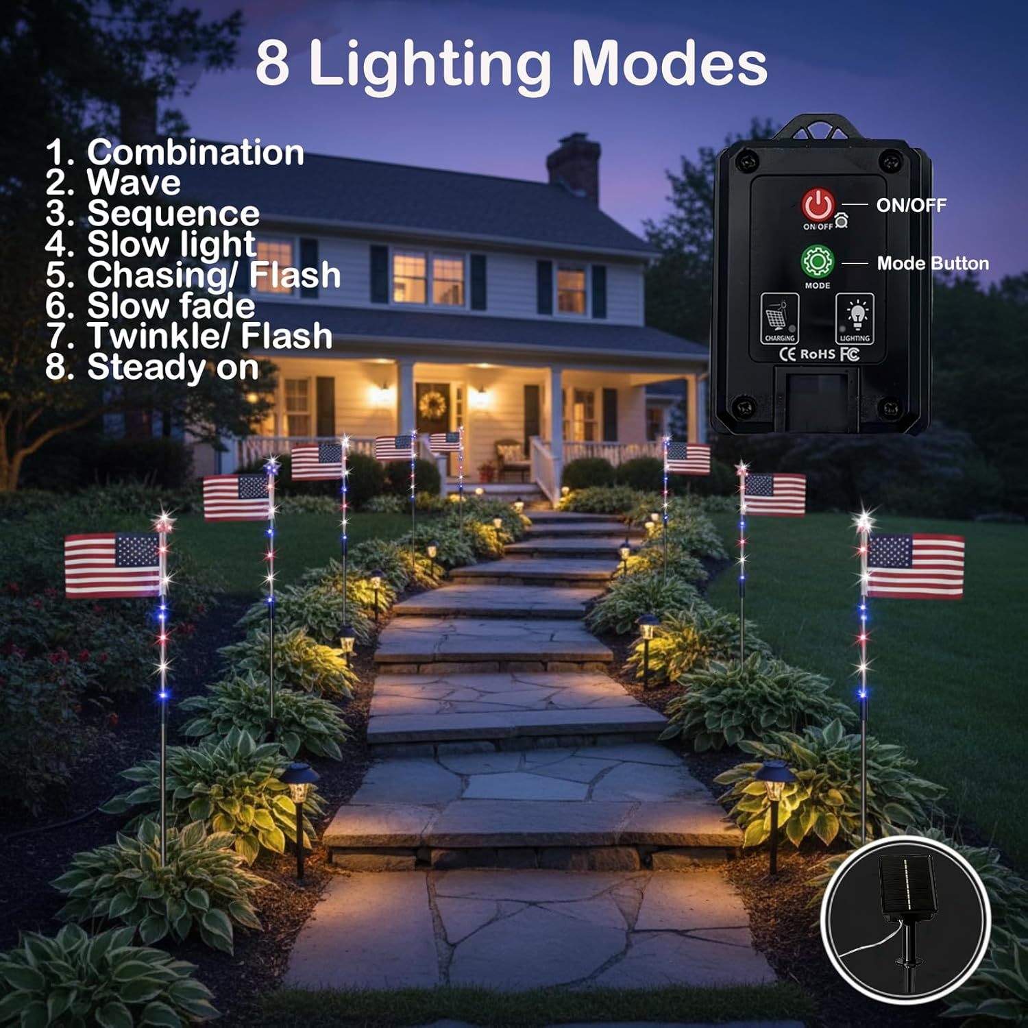 8 Solar American FlagPathway Lights - Red,White & Blue Yard Glow