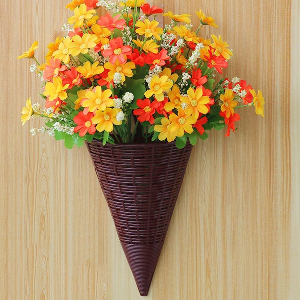 Rattan Hanging Wall Planters, Cone Shaped Rustic Flower Baskets for Indoor & Outdoor Decor