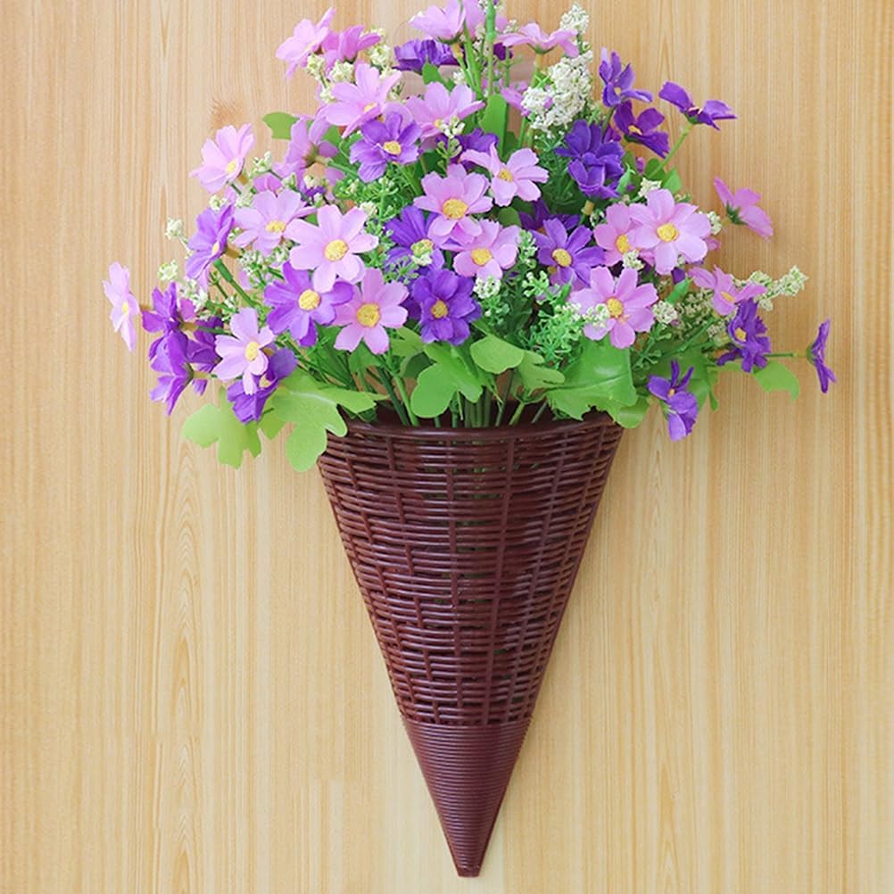 Rattan Hanging Wall Planters, Cone Shaped Rustic Flower Baskets for Indoor & Outdoor Decor
