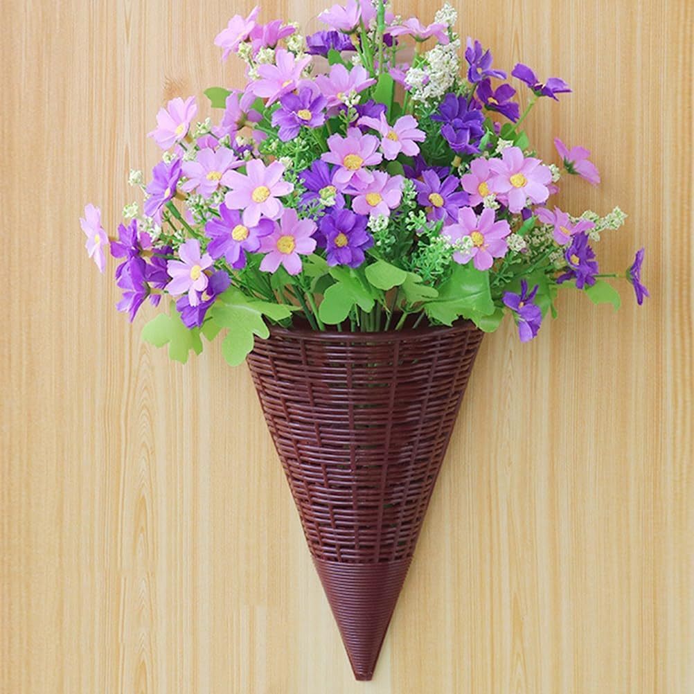 Rattan Hanging Wall Planters, Cone Shaped Rustic Flower Baskets for Indoor & Outdoor Decor