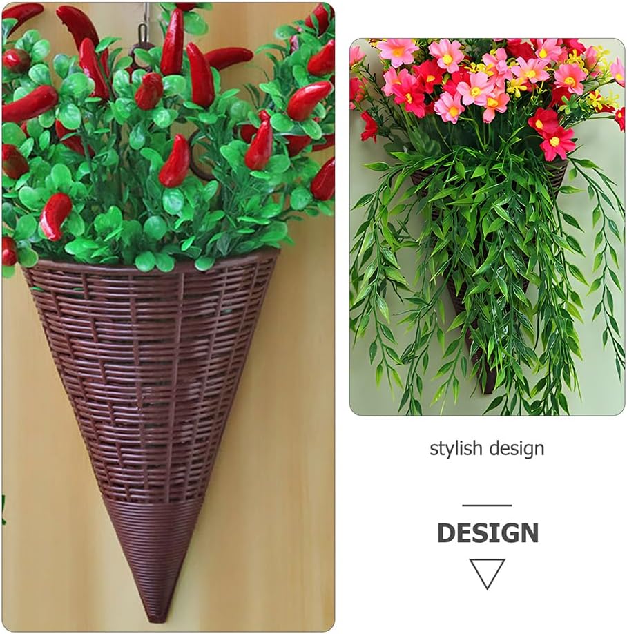 Rattan Hanging Wall Planters, Cone Shaped Rustic Flower Baskets for Indoor & Outdoor Decor