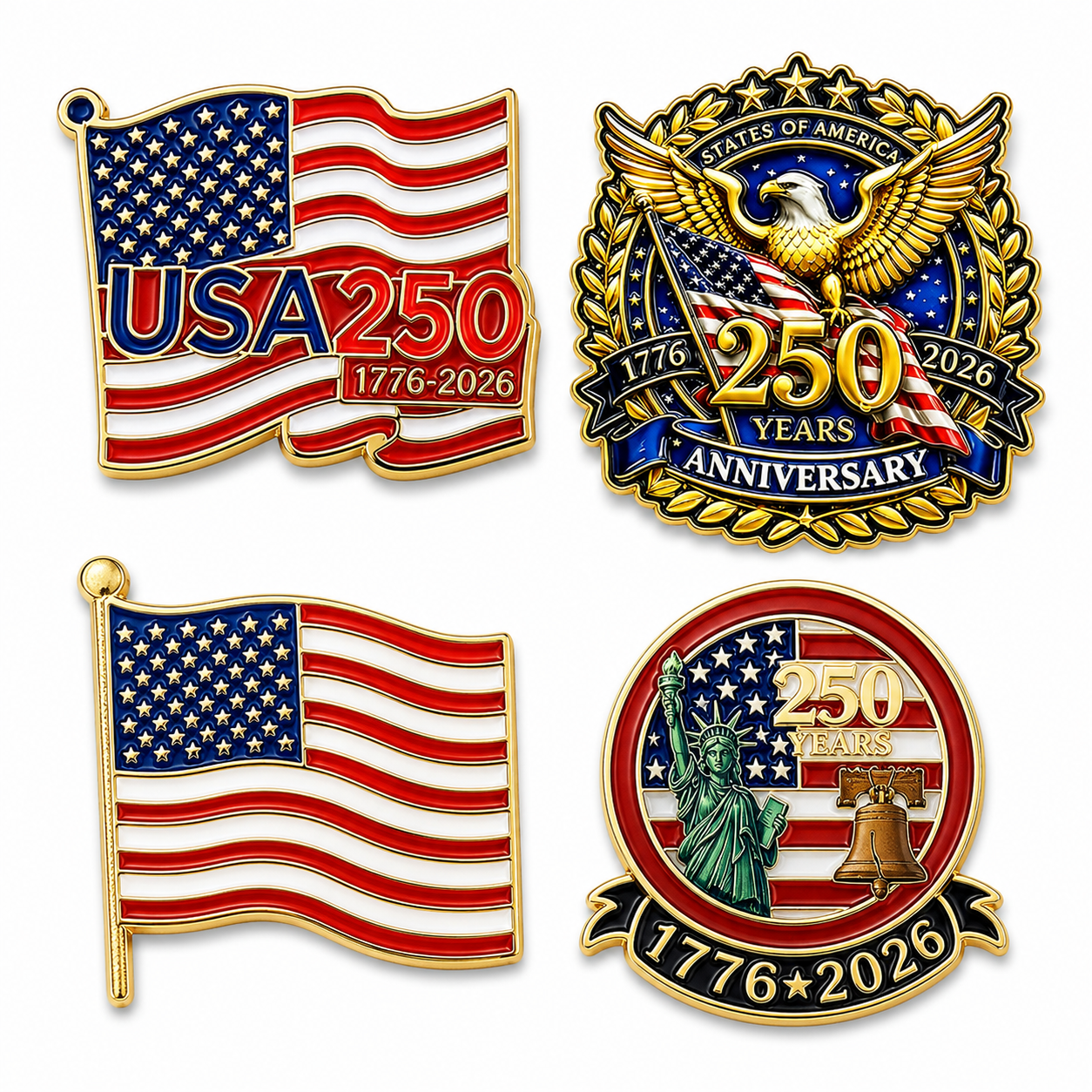 Made in USA 250th Anniversary Brooch Pin Set - 4PCS