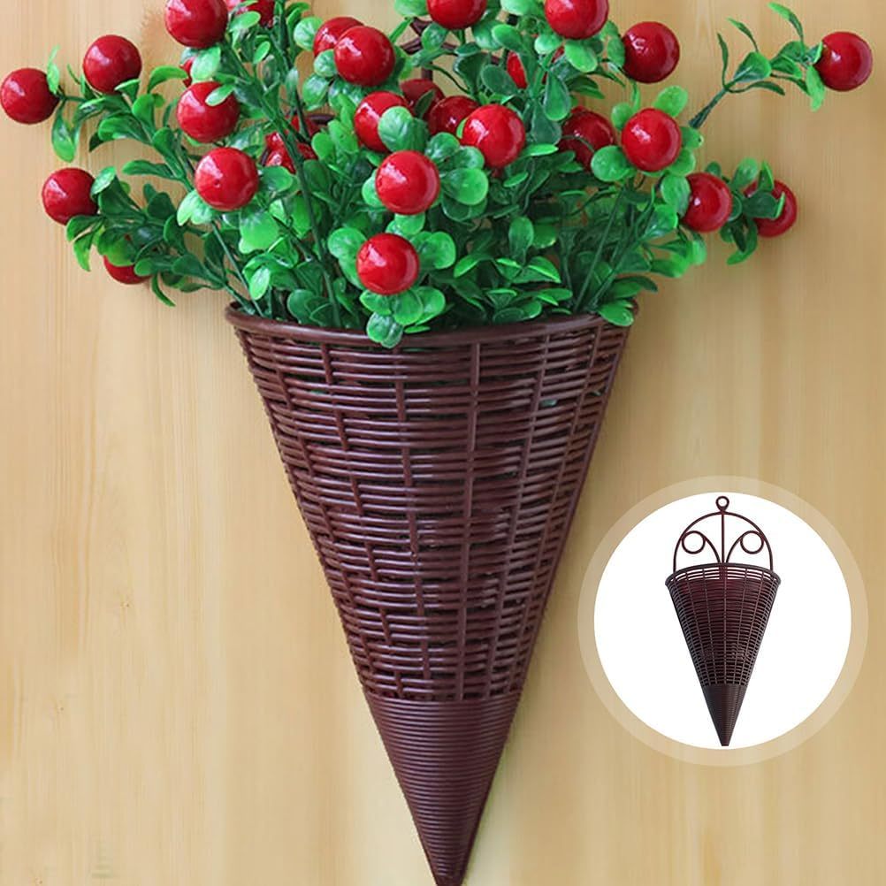 Rattan Hanging Wall Planters, Cone Shaped Rustic Flower Baskets for Indoor & Outdoor Decor