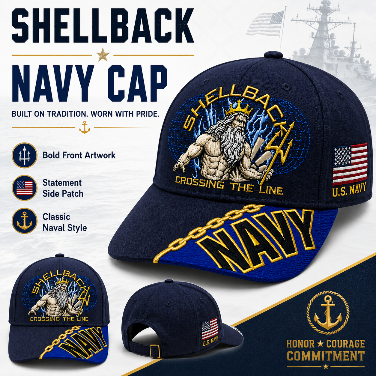 🔥SHELLBACK “Crossing The Line” Navy Embroidered Cap 🇺🇸