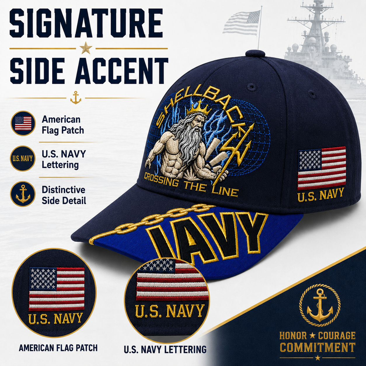 🔥SHELLBACK “Crossing The Line” Navy Embroidered Cap 🇺🇸