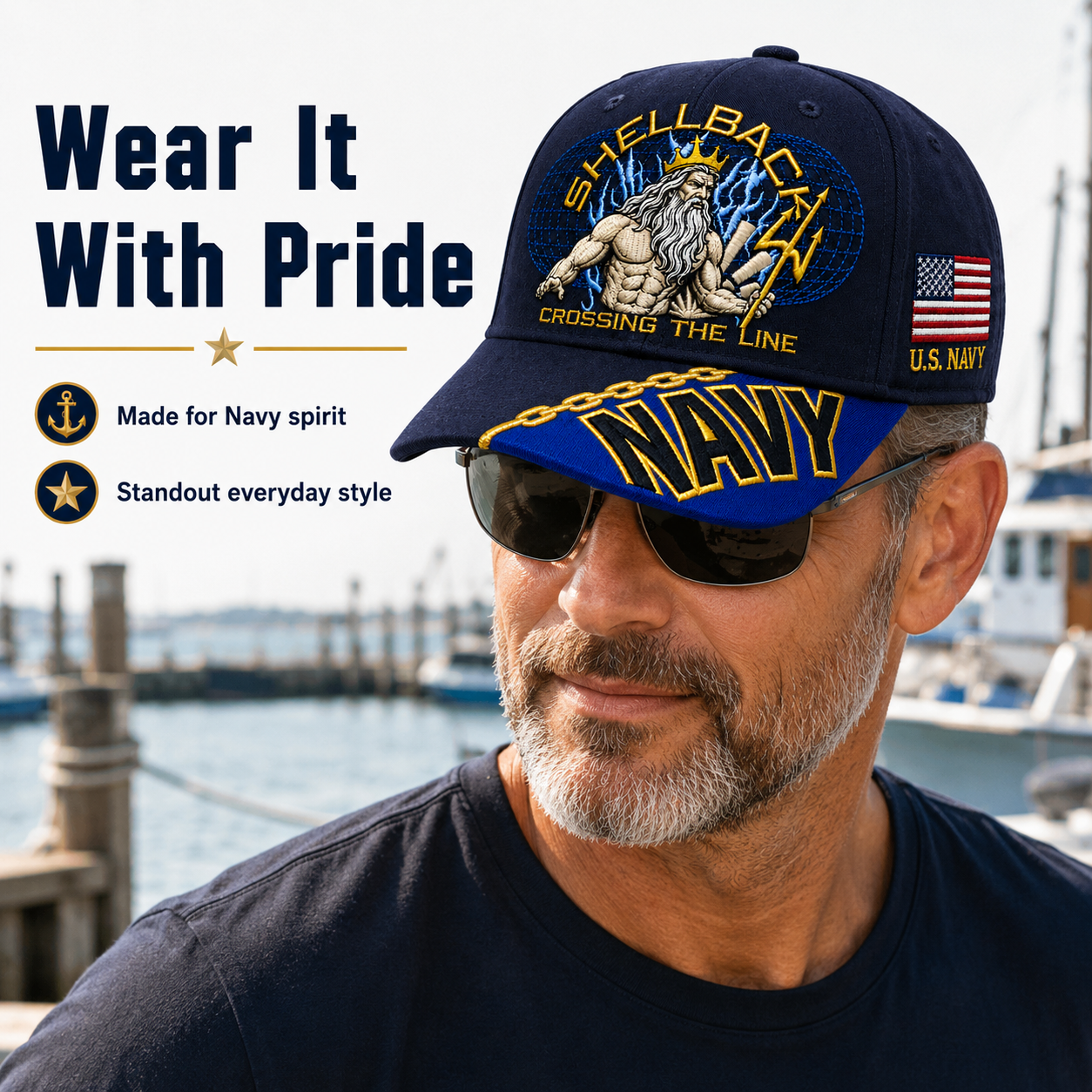 🔥SHELLBACK “Crossing The Line” Navy Embroidered Cap 🇺🇸