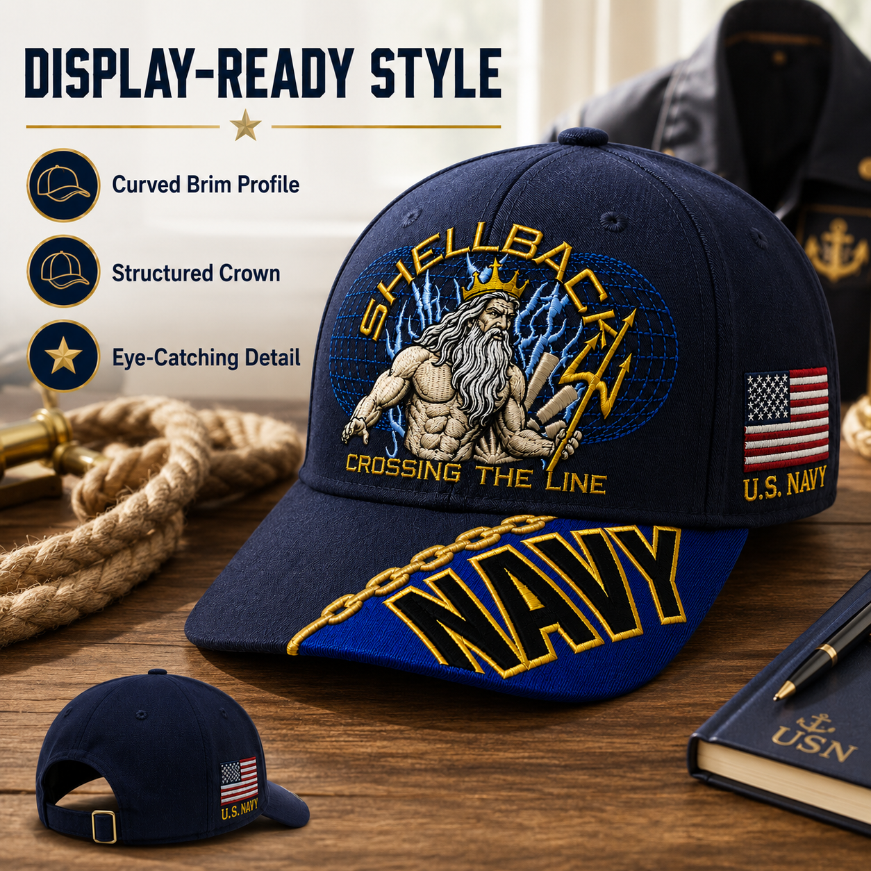 🔥SHELLBACK “Crossing The Line” Navy Embroidered Cap 🇺🇸