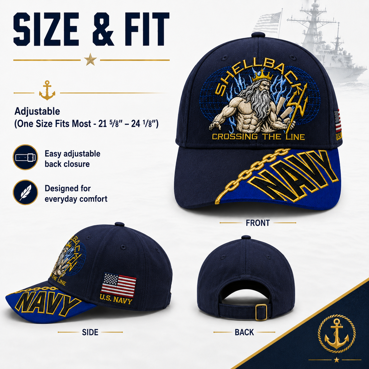 🔥SHELLBACK “Crossing The Line” Navy Embroidered Cap 🇺🇸