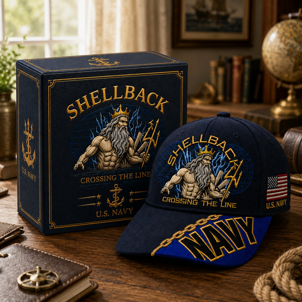 🔥SHELLBACK “Crossing The Line” Navy Embroidered Cap 🇺🇸