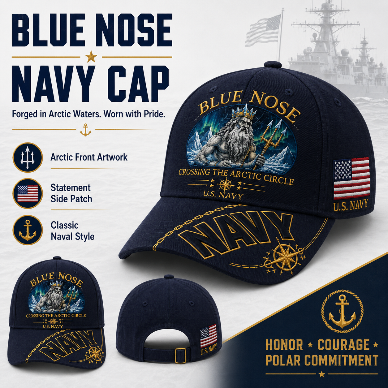 🔥BLUE NOSE “Crossing The Arctic Circle” Navy Embroidered Cap 🇺🇸