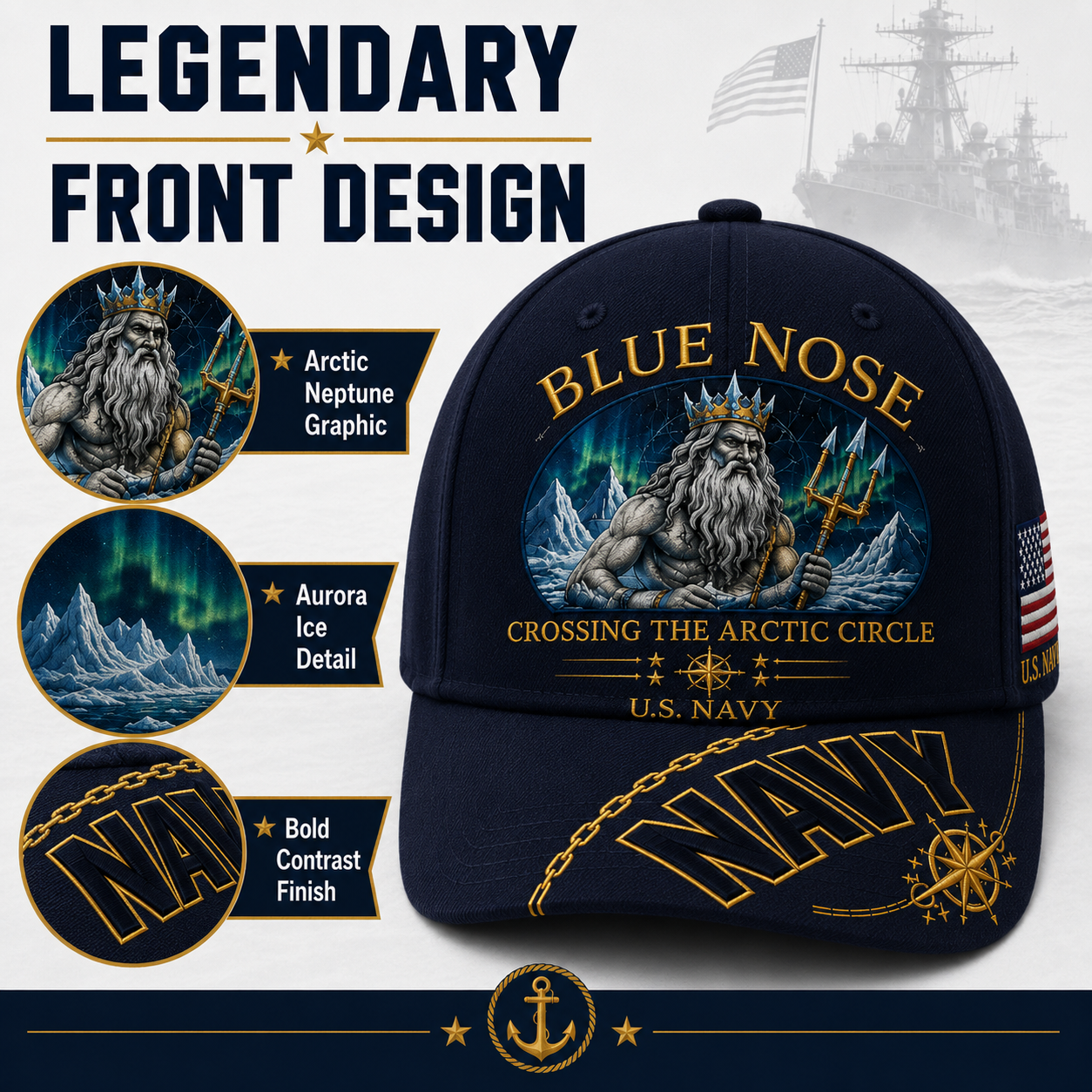 🔥BLUE NOSE “Crossing The Arctic Circle” Navy Embroidered Cap 🇺🇸
