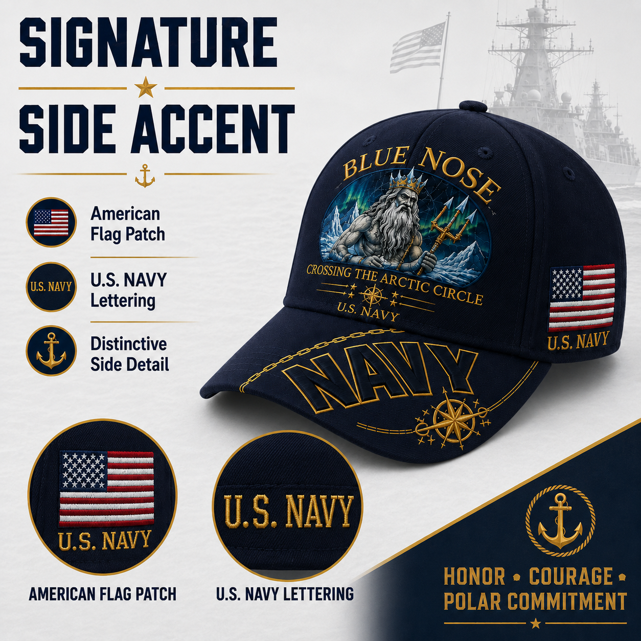 🔥BLUE NOSE “Crossing The Arctic Circle” Navy Embroidered Cap 🇺🇸