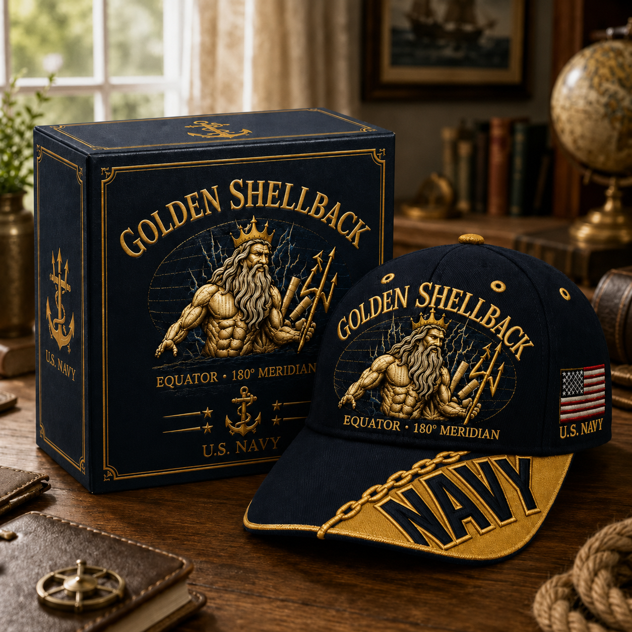 🔥SHELLBACK “Crossing The Line” Navy Embroidered Cap 🇺🇸