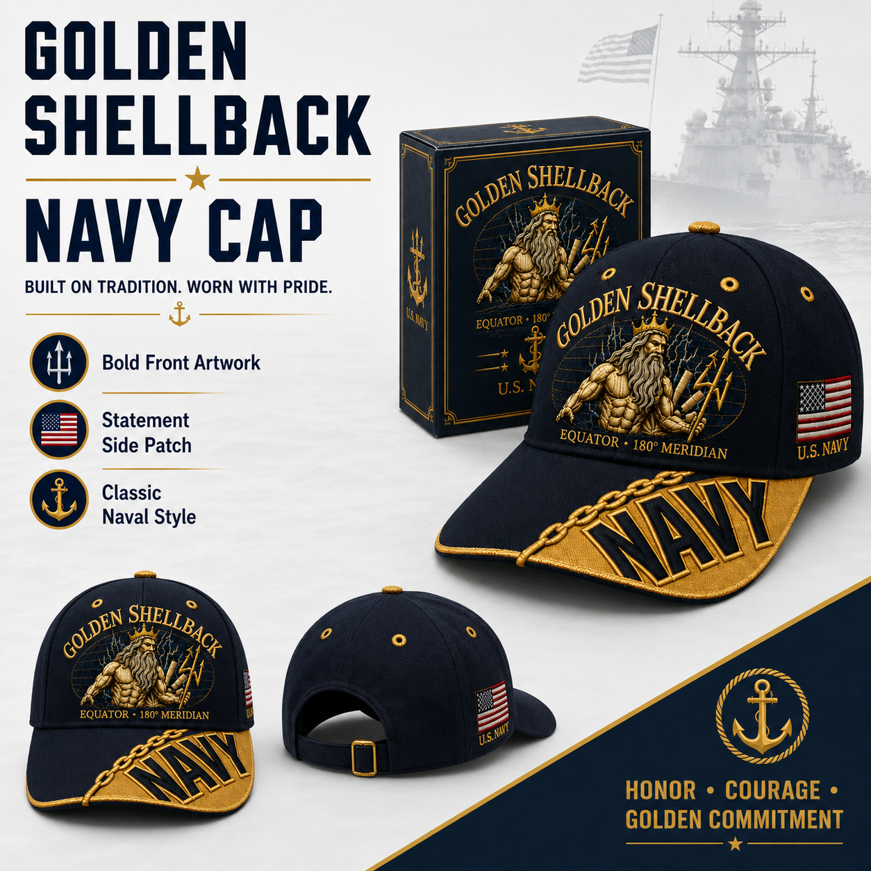 🔥GOLDEN SHELLBACK “Equator • 180° Meridian” Navy Embroidered Cap 🇺🇸