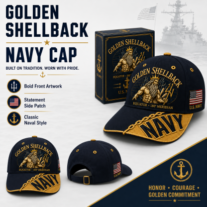 🔥GOLDEN SHELLBACK “Equator • 180° Meridian” Navy Embroidered Cap 🇺🇸