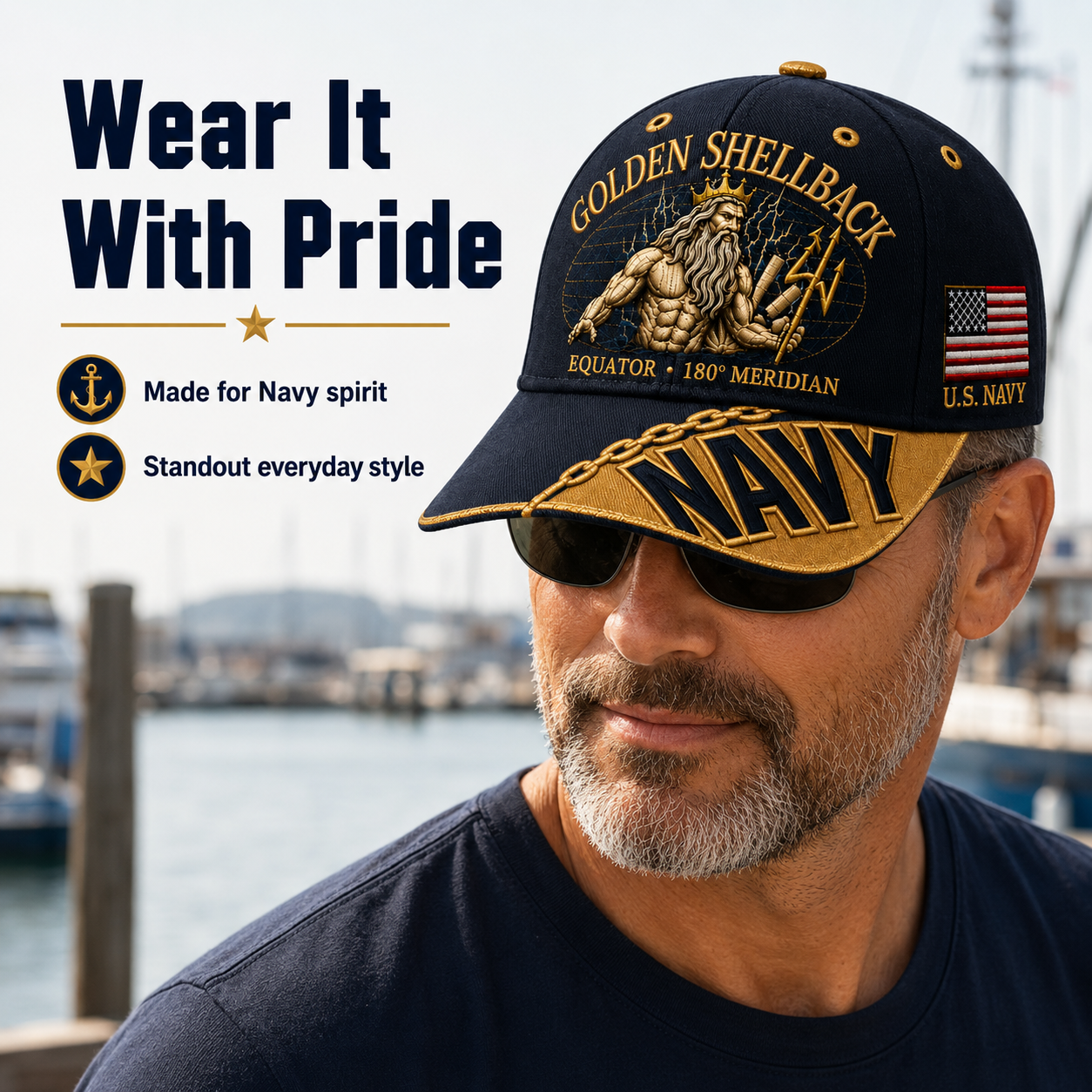 🔥GOLDEN SHELLBACK “Equator • 180° Meridian” Navy Embroidered Cap 🇺🇸