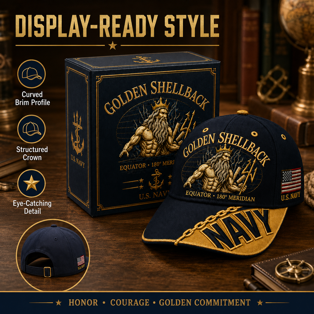 🔥GOLDEN SHELLBACK “Equator • 180° Meridian” Navy Embroidered Cap 🇺🇸