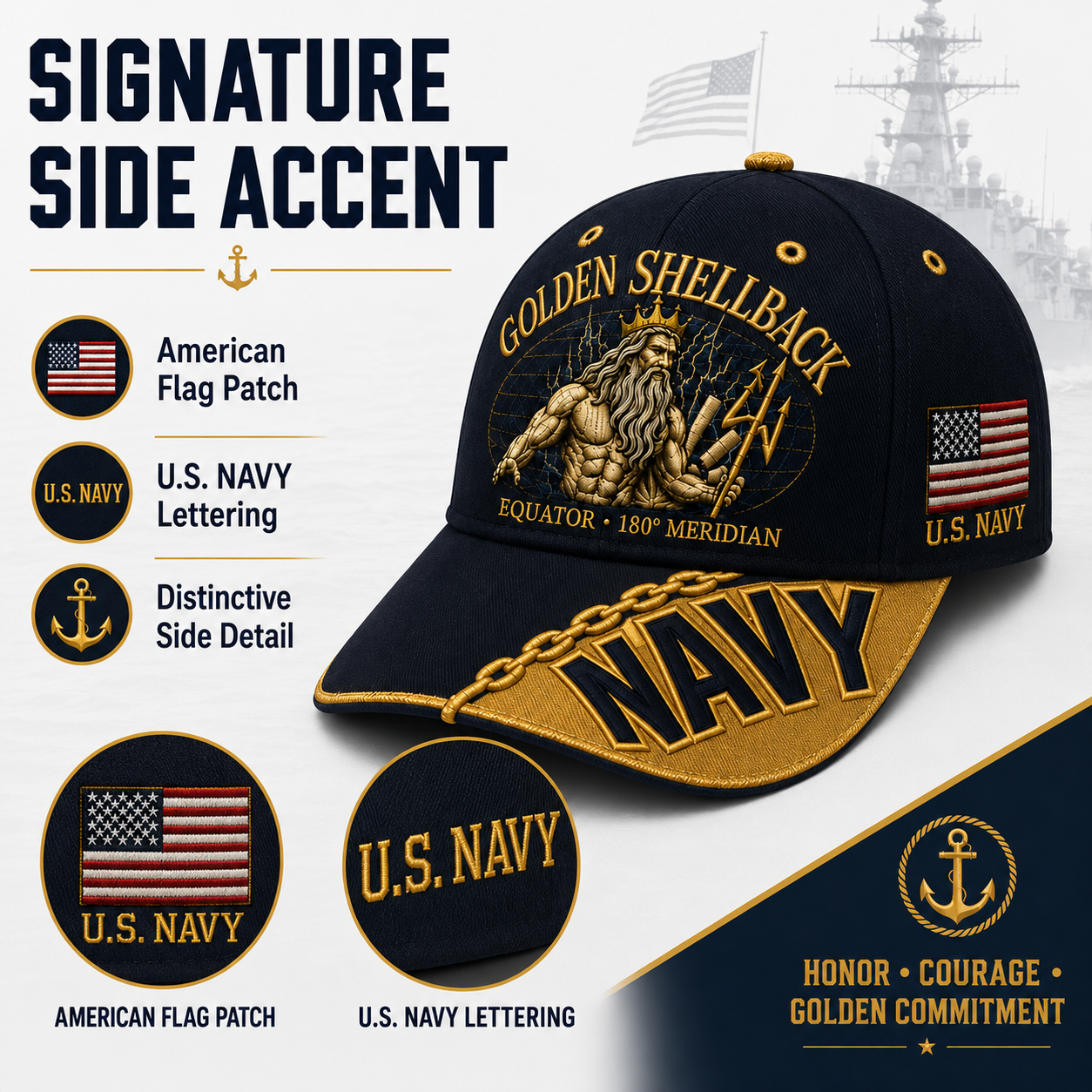 🔥GOLDEN SHELLBACK “Equator • 180° Meridian” Navy Embroidered Cap 🇺🇸