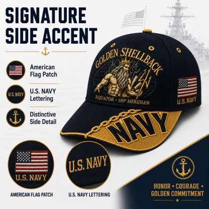 🔥GOLDEN SHELLBACK “Equator • 180° Meridian” Navy Embroidered Cap 🇺🇸