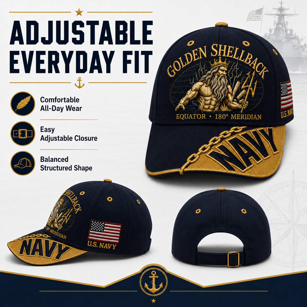 🔥GOLDEN SHELLBACK “Equator • 180° Meridian” Navy Embroidered Cap 🇺🇸