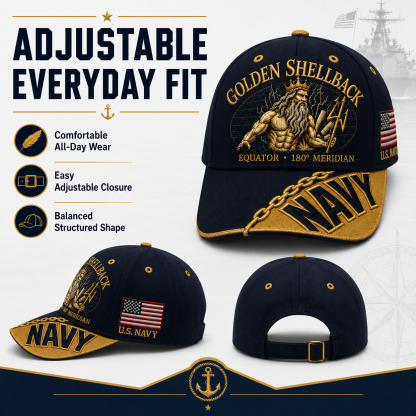 🔥GOLDEN SHELLBACK “Equator • 180° Meridian” Navy Embroidered Cap 🇺🇸