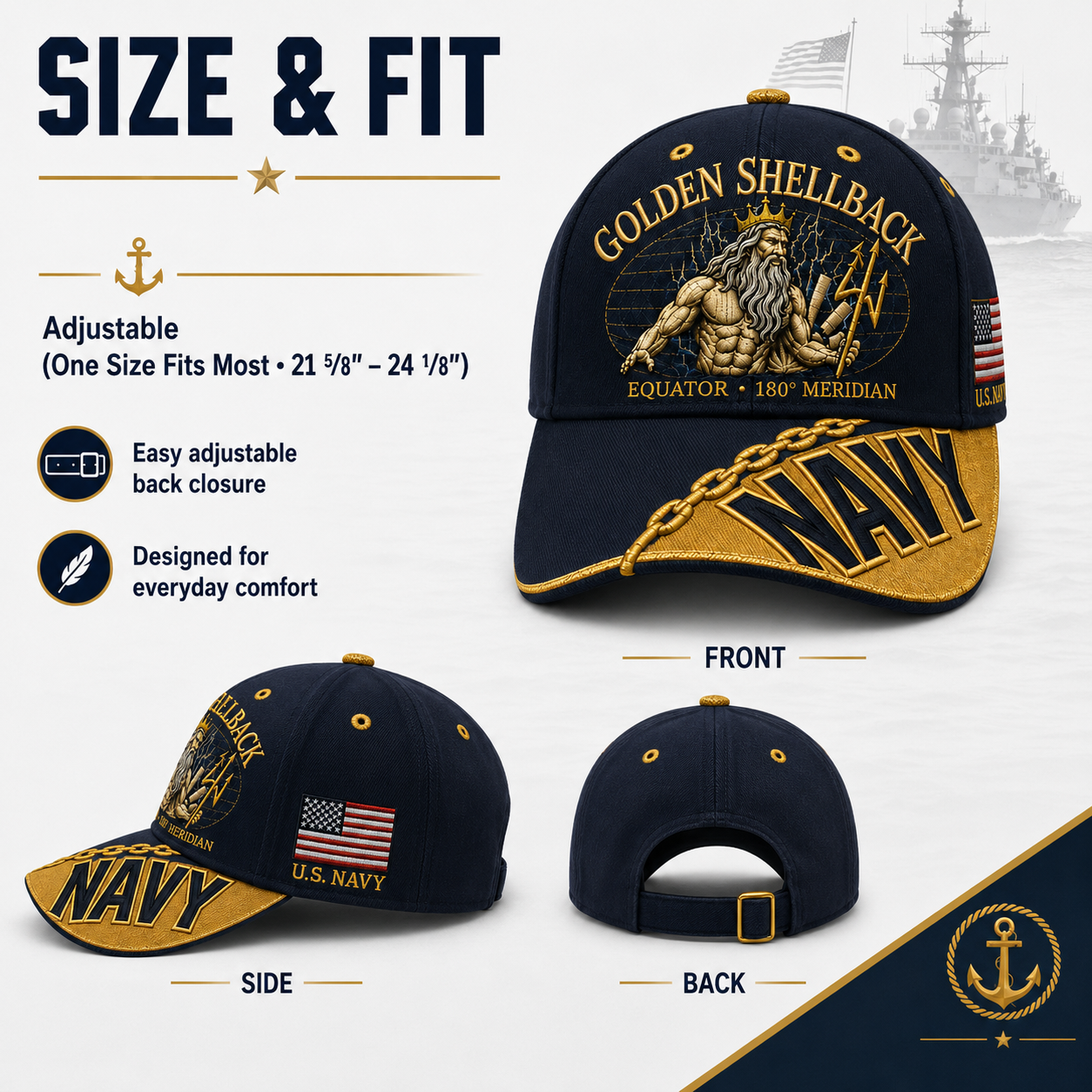 🔥GOLDEN SHELLBACK “Equator • 180° Meridian” Navy Embroidered Cap 🇺🇸