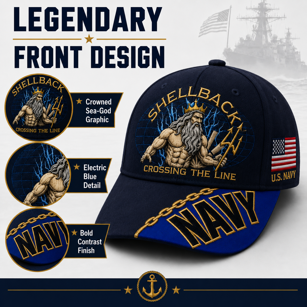 🔥SHELLBACK “Crossing The Line” Navy Embroidered Cap 🇺🇸