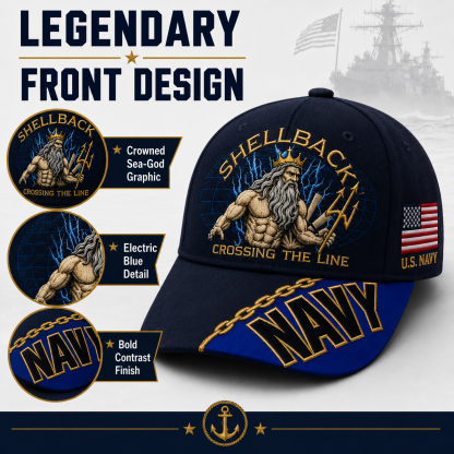 🔥SHELLBACK “Crossing The Line” Navy Embroidered Cap 🇺🇸