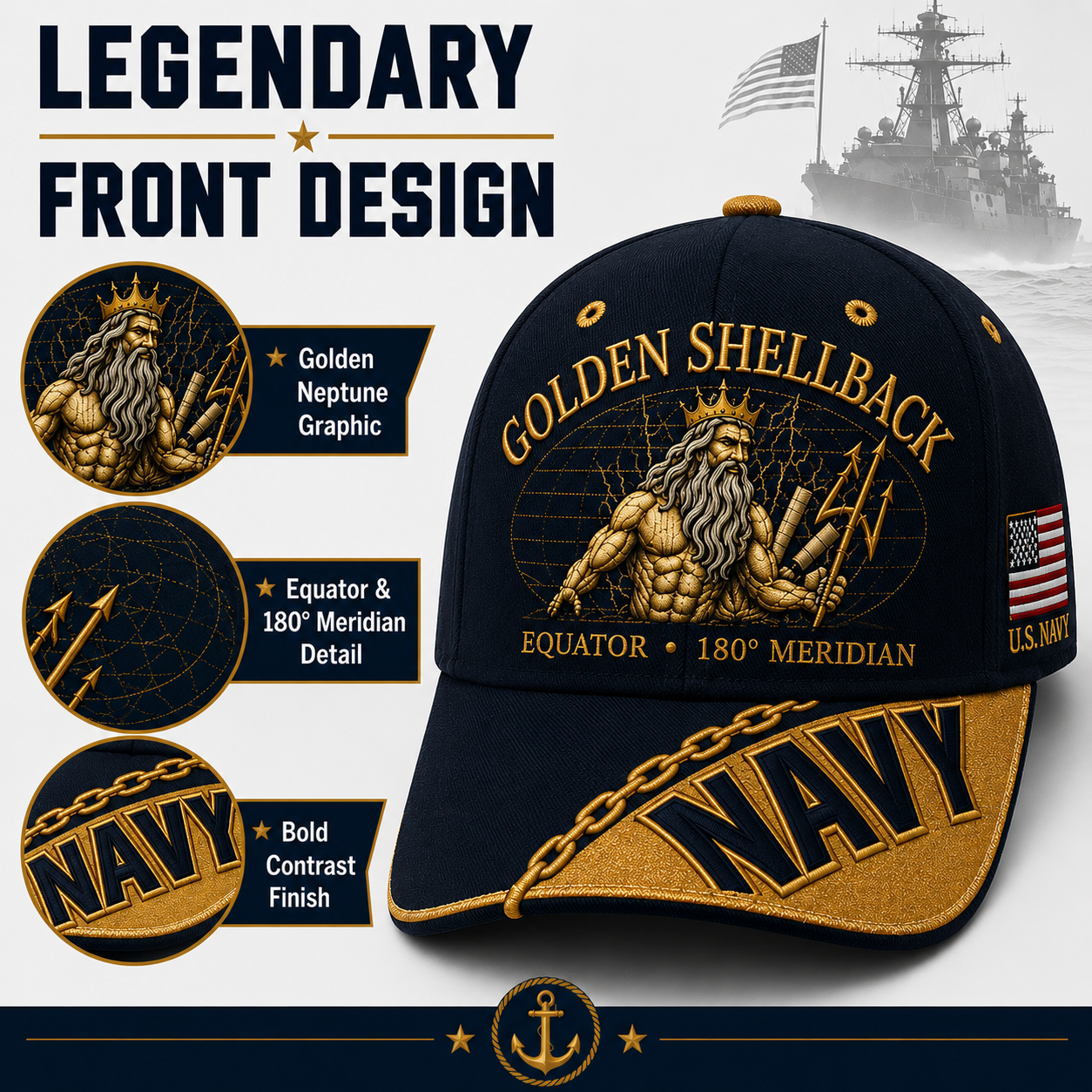 🔥GOLDEN SHELLBACK “Equator • 180° Meridian” Navy Embroidered Cap 🇺🇸