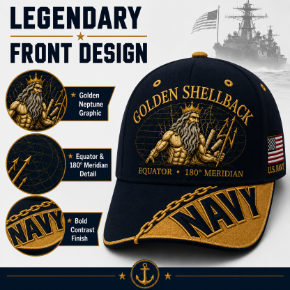 🔥GOLDEN SHELLBACK “Equator • 180° Meridian” Navy Embroidered Cap 🇺🇸