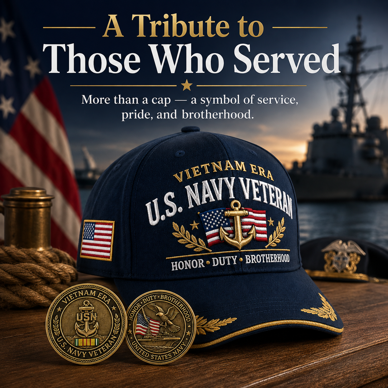 🇺🇸 VIETNAM ERA U.S. NAVY VETERAN CAP & HONOR COIN ⚓-🔥Buy 2 Get Free Shipping🚛