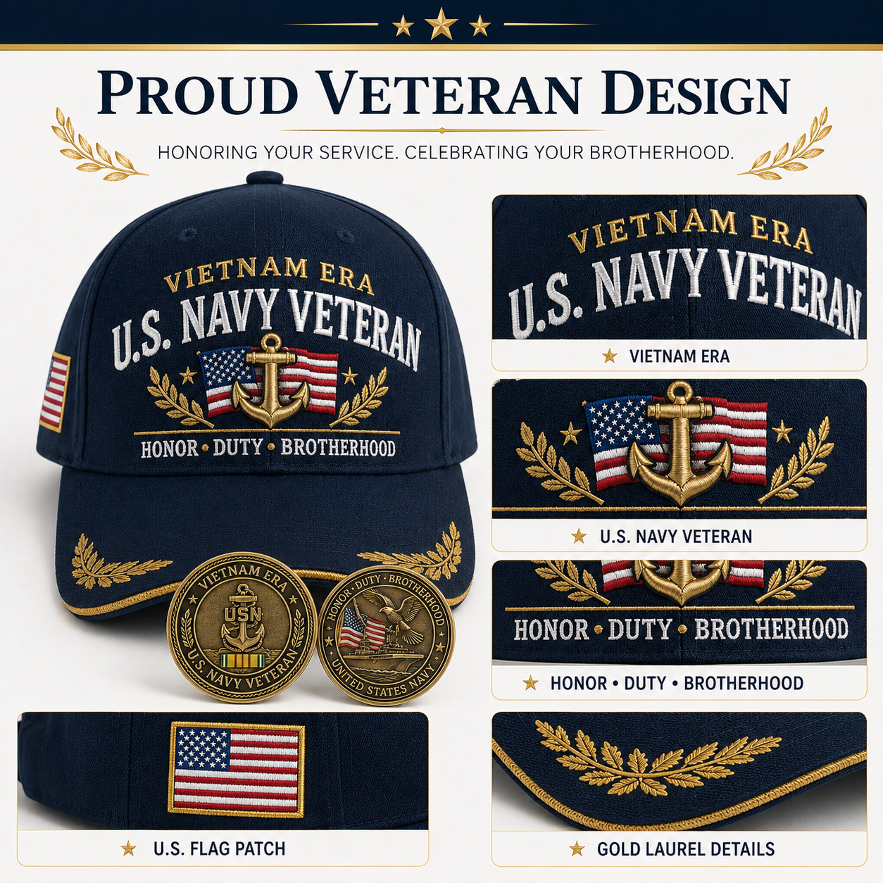 🇺🇸 VIETNAM ERA U.S. NAVY VETERAN CAP & HONOR COIN ⚓-🔥Buy 2 Get Free Shipping🚛