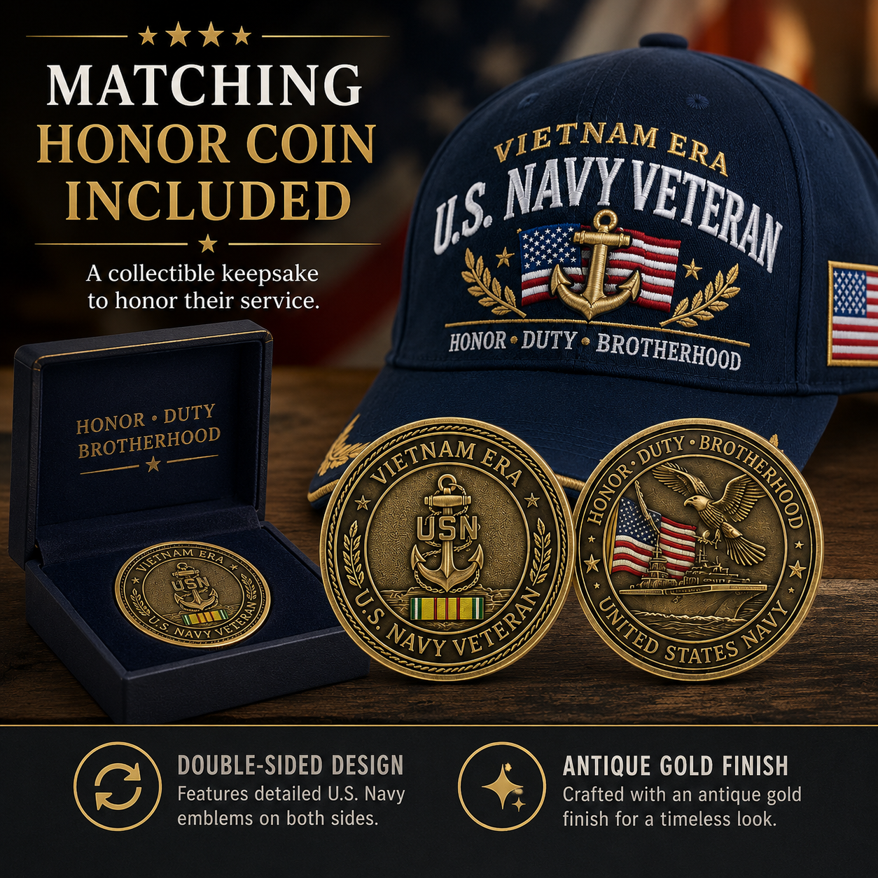🇺🇸 VIETNAM ERA U.S. NAVY VETERAN CAP & HONOR COIN ⚓-🔥Buy 2 Get Free Shipping🚛