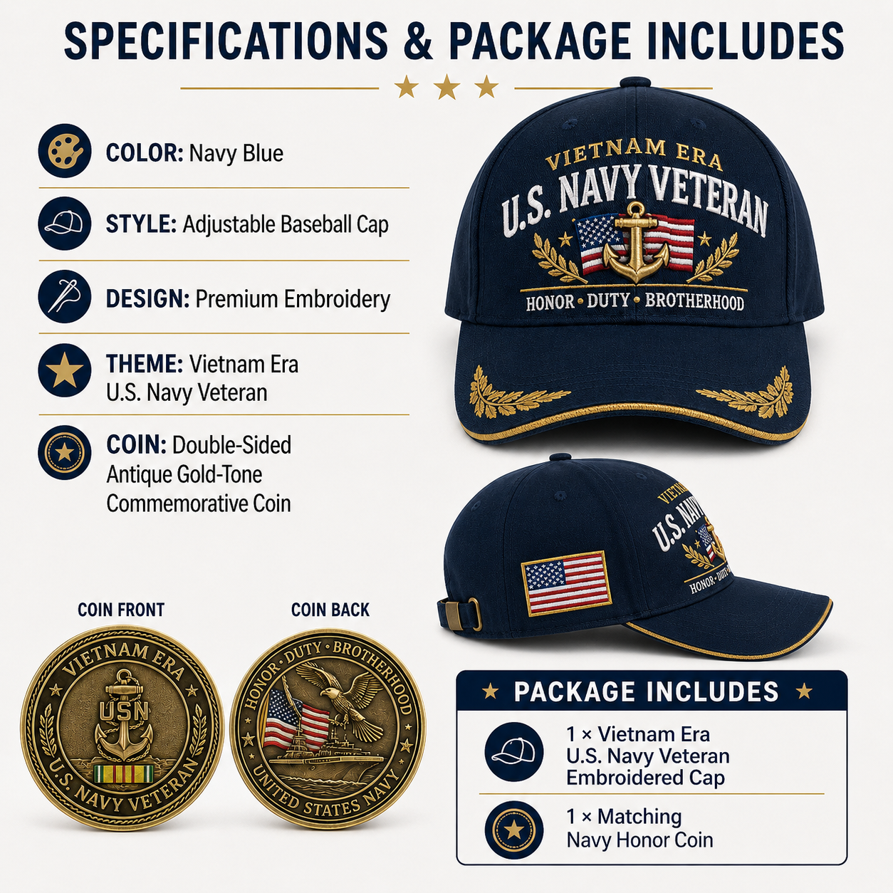 🇺🇸 VIETNAM ERA U.S. NAVY VETERAN CAP & HONOR COIN ⚓-🔥Buy 2 Get Free Shipping🚛