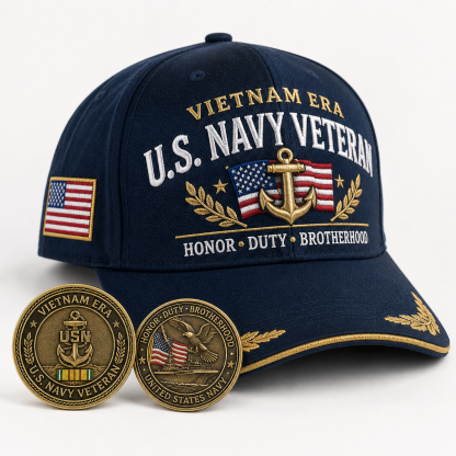 🇺🇸 VIETNAM ERA U.S. NAVY VETERAN CAP & HONOR COIN ⚓-🔥Buy 2 Get Free Shipping🚛
