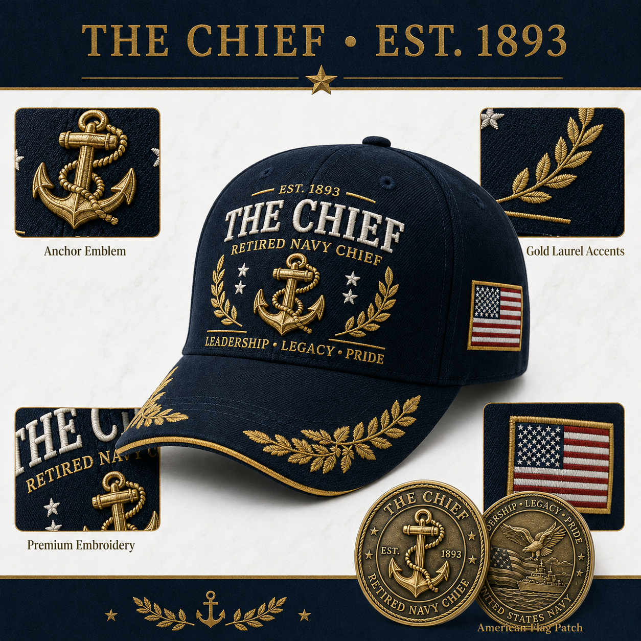 🇺🇸 The Chief Retired Navy Chief Commemorative Cap & Honor Coin – Leadership • Legacy • Pride ⚓ - 🔥Buy 2 Get Free Shipping🚛