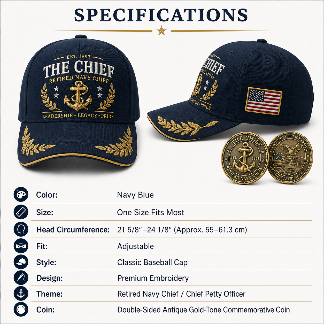 🇺🇸 The Chief Retired Navy Chief Commemorative Cap & Honor Coin – Leadership • Legacy • Pride ⚓ - 🔥Buy 2 Get Free Shipping🚛