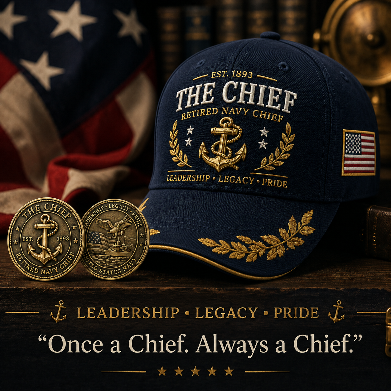 🇺🇸 The Chief Retired Navy Chief Commemorative Cap & Honor Coin – Leadership • Legacy • Pride ⚓ - 🔥Buy 2 Get Free Shipping🚛