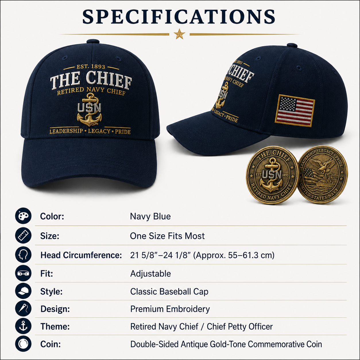 🇺🇸 The Chief – Retired U.S. Navy Chief Commemorative Cap & Honor Coin – Leadership • Legacy • Pride ⚓ – 🔥Buy 2 Get Free Shipping🚛