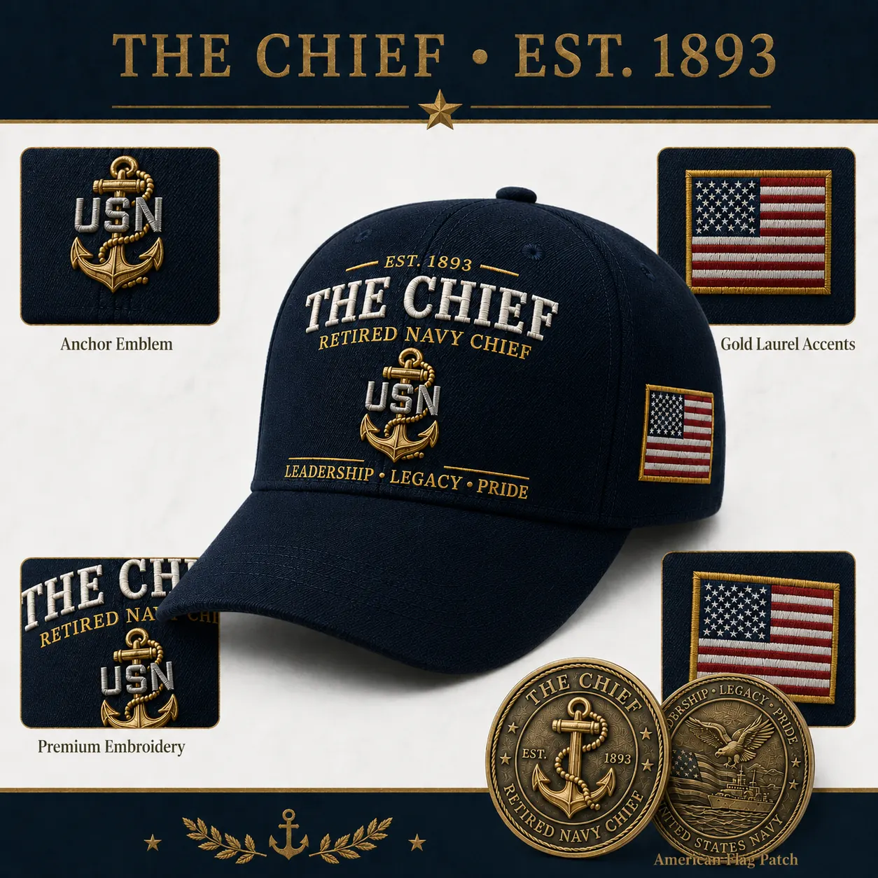 The Chief EST 1893 embroidery and design details