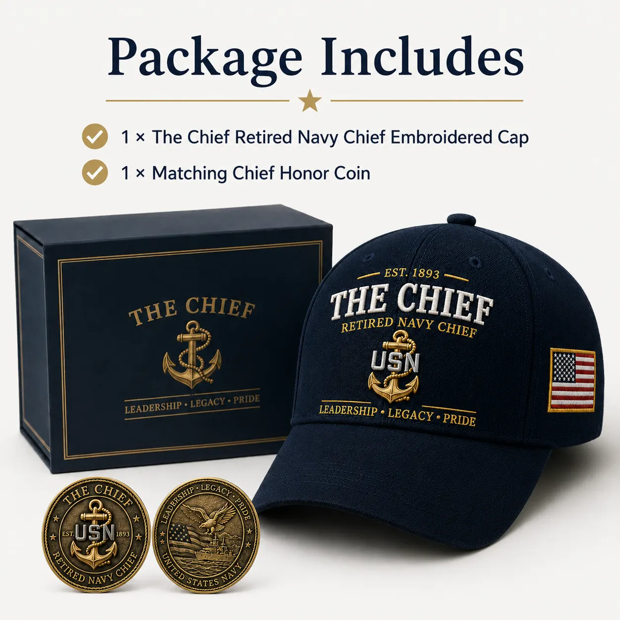 Package includes Chief cap and Honor Coin
