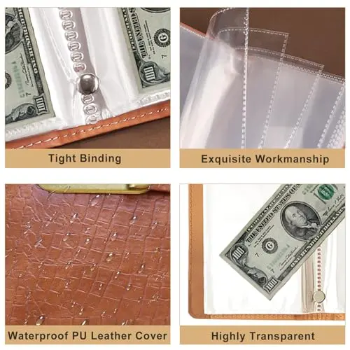 100-Transparent-Pocket Currency Collectors Album, Top-Grade PU Leather