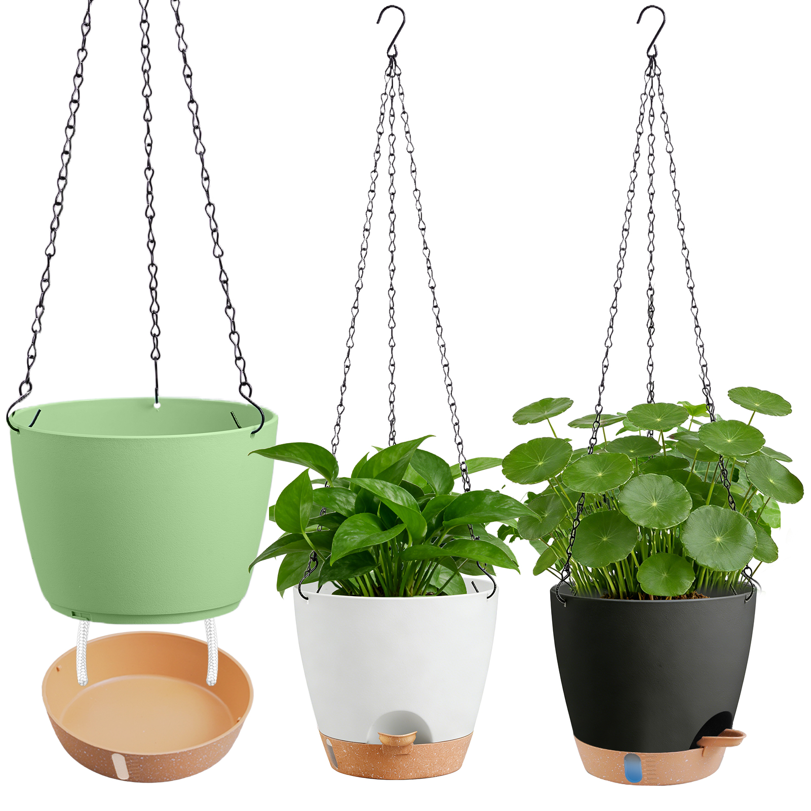 urorentea 3 Pack 12 Inch Self-Watering Hanging Planters, with Visible and Removable Saucer, Watering Lip, Drainage Holes, Hanging Flower Pot for Indoor&Outdoor Plants