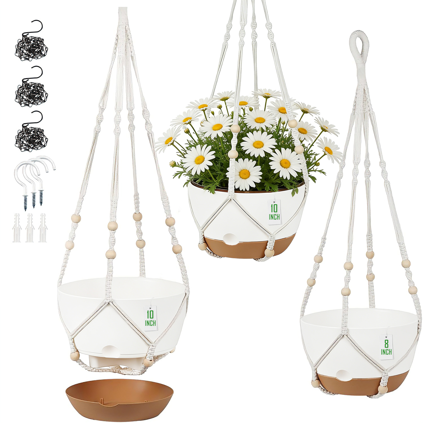 urorentea 3 Pack Self-Watering Hanging Planters, 10＋10＋8 Hanging Plant Pots with Macrame Hangers, Ceiling Hooks, Removable Saucer and Drainage Holes for Indoor & Outdoor Plants