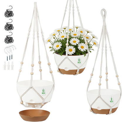 urorentea 3 Pack Self-Watering Hanging Planters, 10＋10＋8 Hanging Plant Pots with Macrame Hangers, Ceiling Hooks, Removable Saucer and Drainage Holes for Indoor & Outdoor Plants