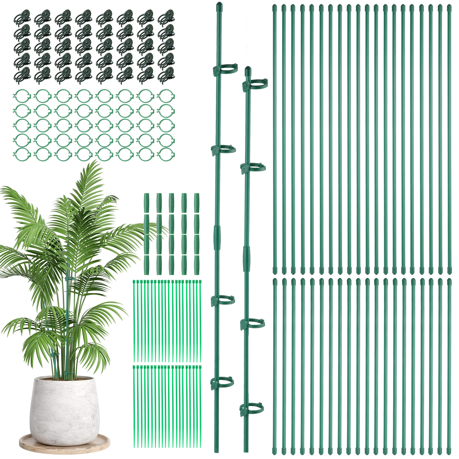 urorentea 40 Pcs Plant Support Stakes Set, Includes 11" and 17" Height-Adjustable Garden Stakes with Clips, Ties & Connecting Pipes, for Indoor Outdoor Tomatoes, Peppers and Flowers