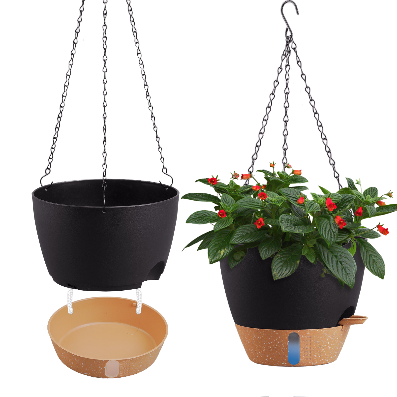 urorentea 2 Pack 10 Inch Self-Watering Hanging Planters, with Visible and Removable Saucer, Watering Lip, Drainage Holes, Hanging Flower Pot for Indoor&Outdoor Plants