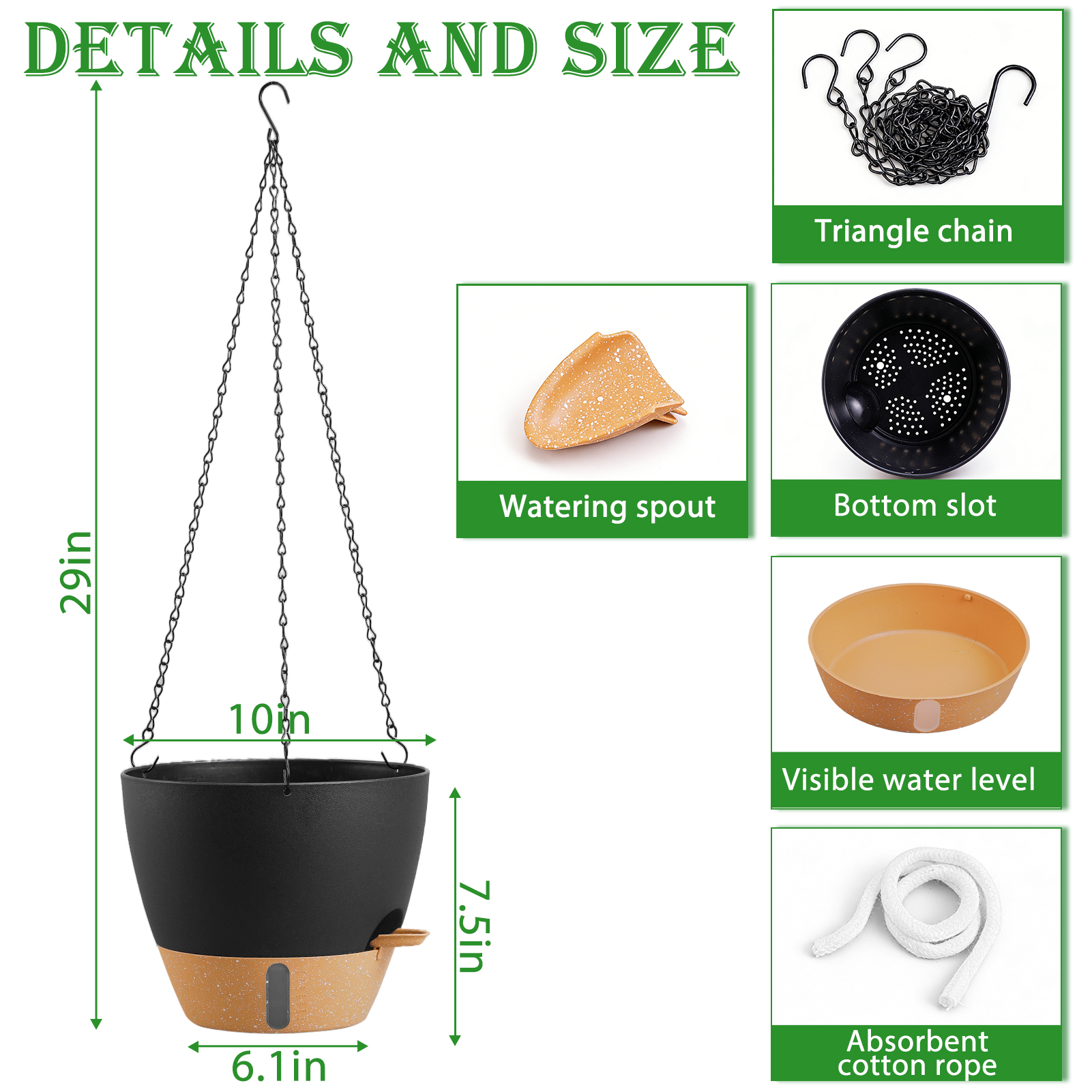 urorentea 2 Pack 10 Inch Self-Watering Hanging Planters, with Visible and Removable Saucer, Watering Lip, Drainage Holes, Hanging Flower Pot for Indoor&Outdoor Plants
