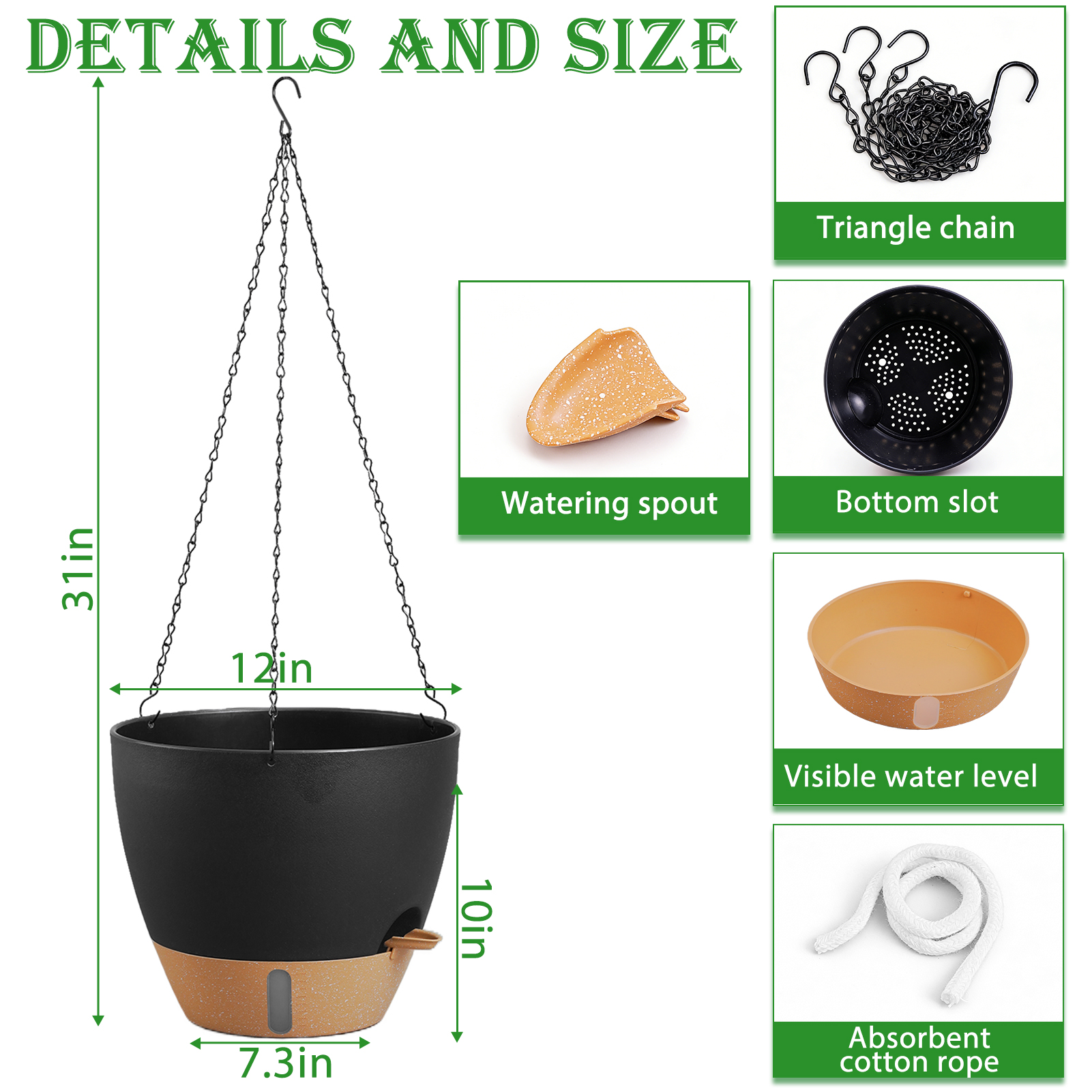 urorentea 2 Pack 12 Inch Self-Watering Hanging Planters, with Visible and Removable Saucer, Watering Lip, Drainage Holes, Hanging Flower Pot for Indoor&Outdoor Plants