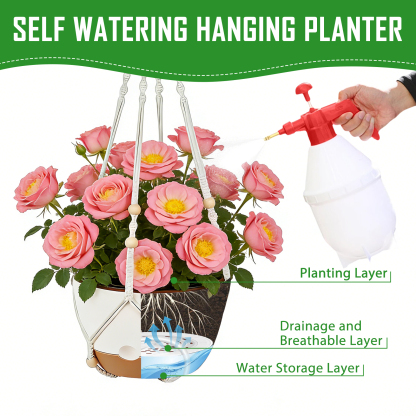 urorentea 3 Pack Self-Watering Hanging Planters, 10＋10＋8 Hanging Plant Pots with Macrame Hangers, Ceiling Hooks, Removable Saucer and Drainage Holes for Indoor & Outdoor Plants